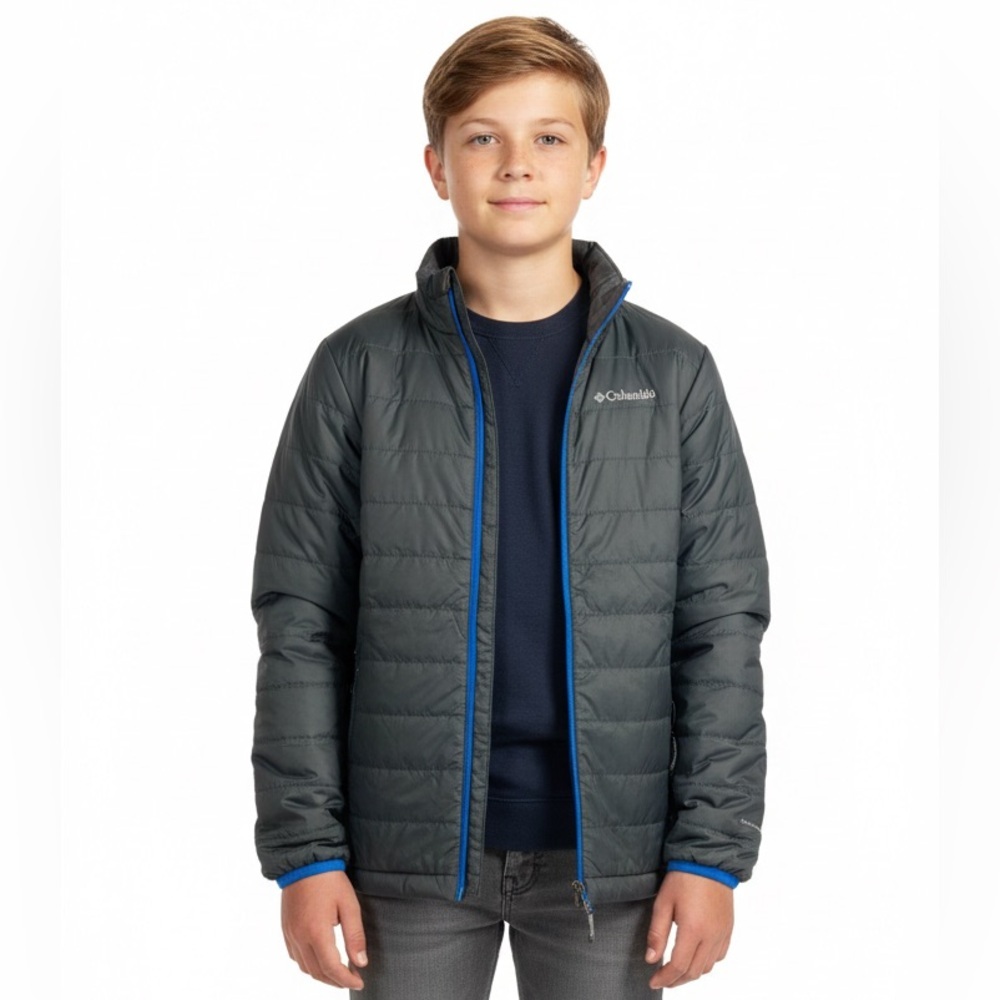 Columbia Kids Warm Lightweight Gray Jacket with Blue Accents Youth Boy Medium 10
